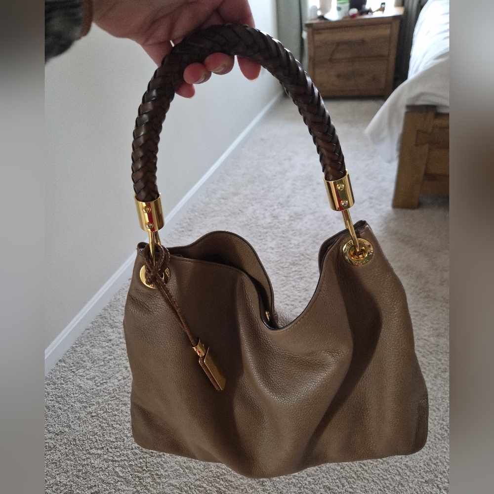 Chic Tan Leather Hobo Bag with Gold Accents